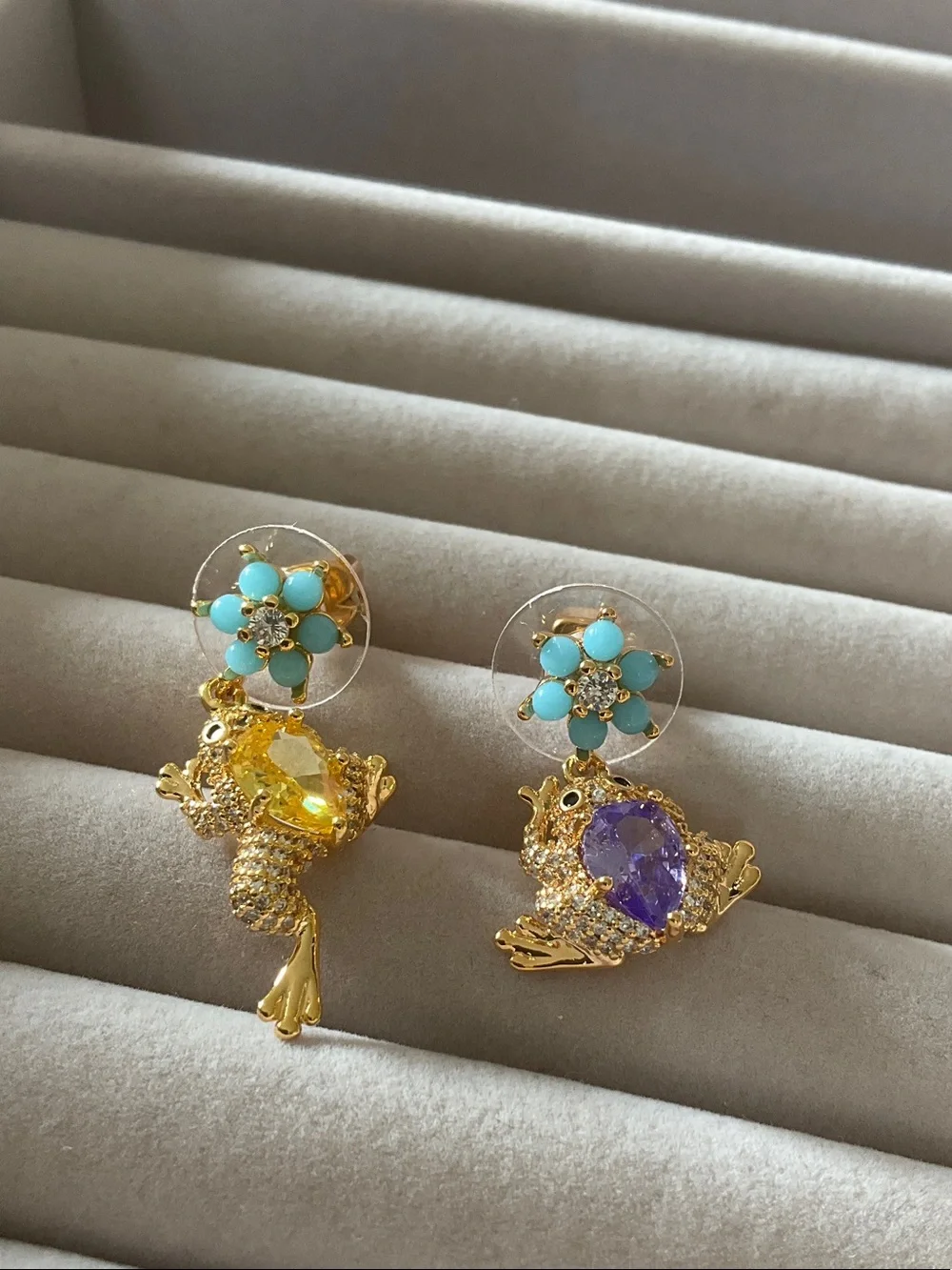 kate spade Gold Frog Earrings with Turquoise, Yellow & Purple Stones